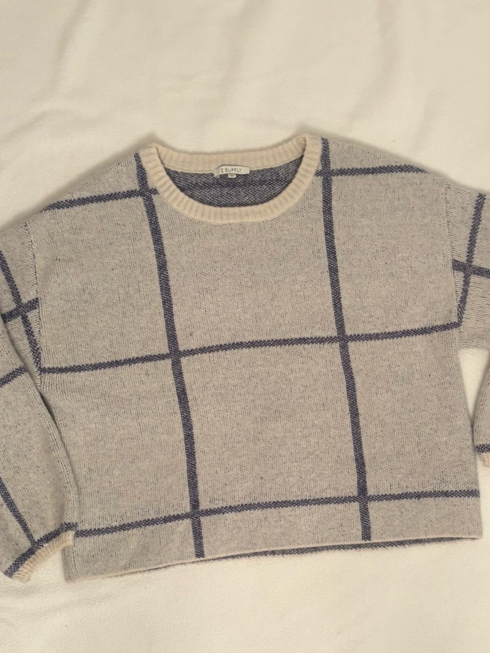 Z Supply Cream and Navy Windowpane Crew Sweater